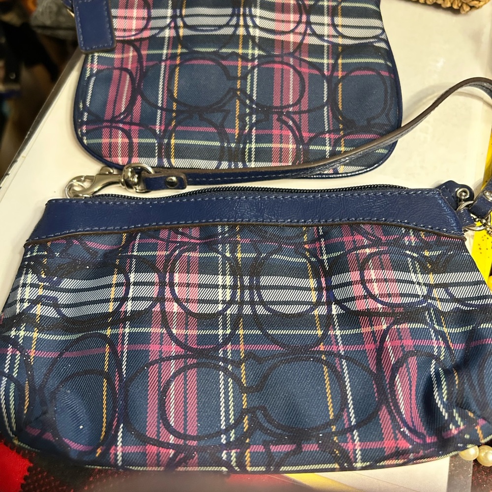Coach Blue and Pink Plaid Wristlet